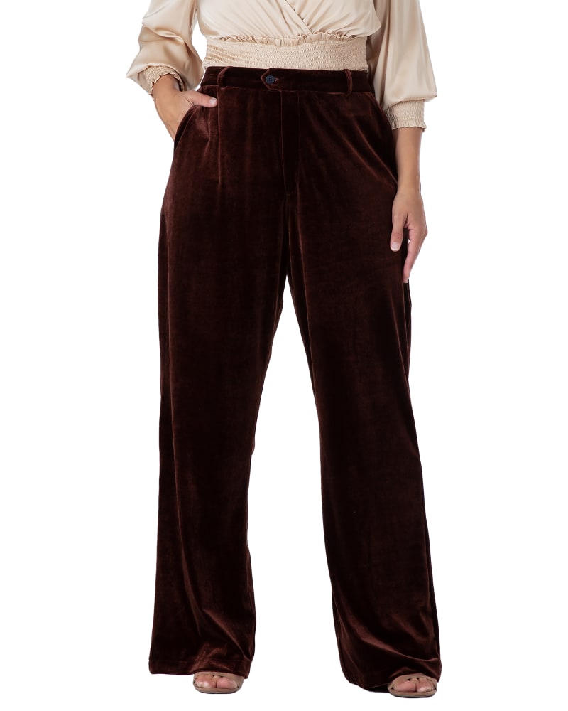 Front of a model wearing a size 22 Women's Pleated Velvet High-Waisted Flare Pants in Brown by Standards & Practices. | dia_product_style_image_id:276340